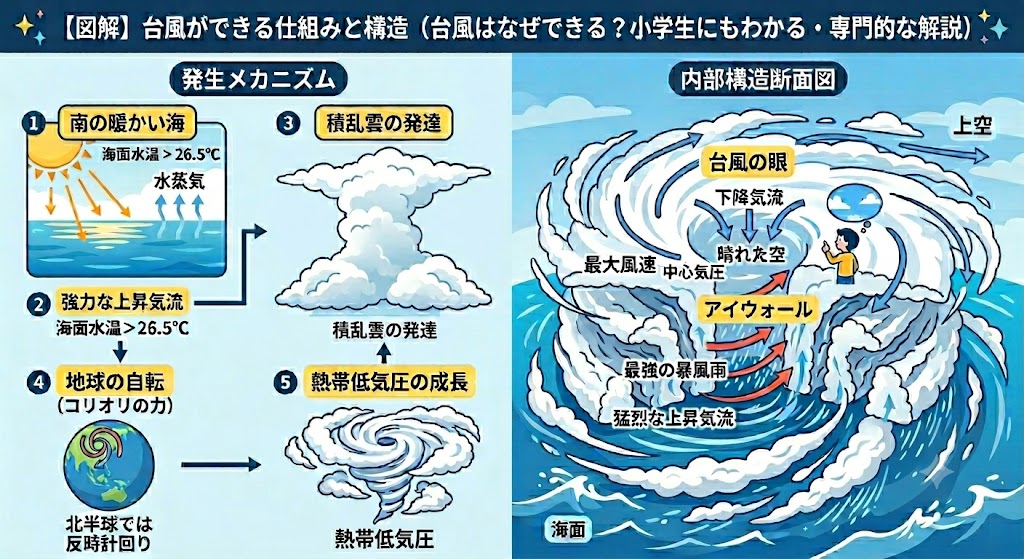 【図解】台風はなぜできる？小学生にもわかる簡単な説明から専門的なメカニズムまで徹底解説